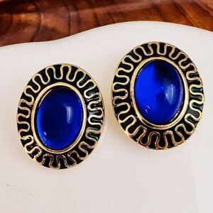 Vintage Galleria Gripoix Earrings Clip On Enamel Blue Glass Gold Oval NICE 4611